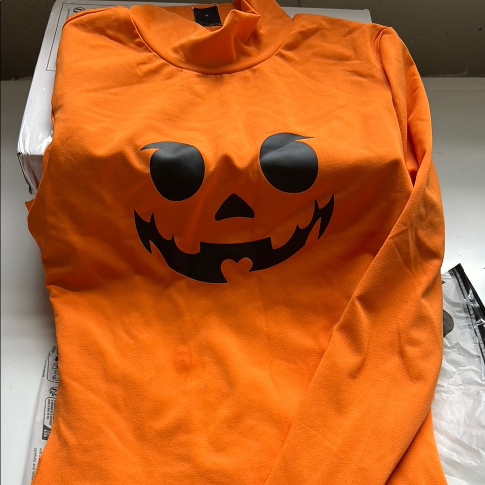 SHEIN Orange Halloween Top with Black Pumpkin Design